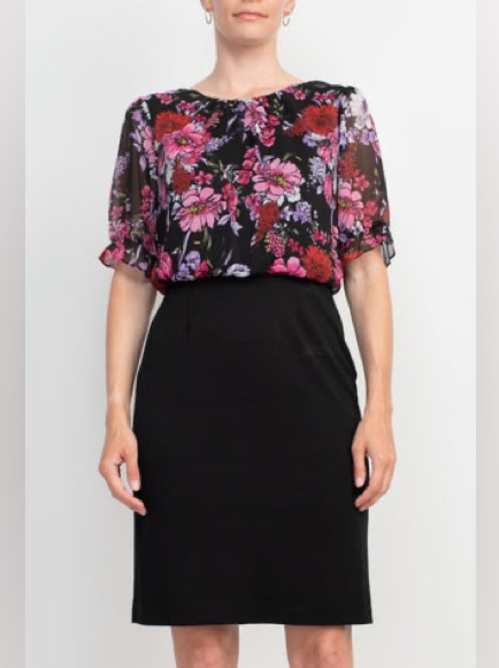 NWT Connected Apparel Floral Overlay Dress Black Pink Purple Size 16